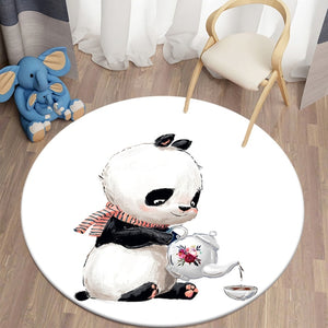 Watercolor Little Panda Drinking Tea Round Carpet Bedroom Area Rugs Children Carpet for Living Room