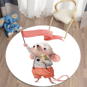 Watercolor Little White-Pink Mouse Round Carpet Bedroom Area Rugs Children Carpet for Living Room