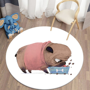 Watercolor Little Pug Eating Round Carpet Bedroom Area Rugs Children Carpet for Living Room