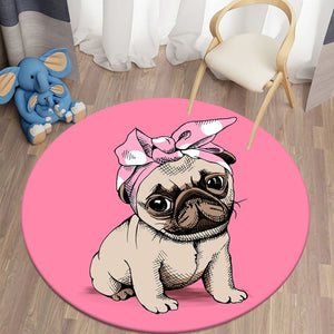 Cartoon Pink Pug Round Carpets for Children's Room Living Room Rugs Puppy Soft Flannel Floor Area Rug