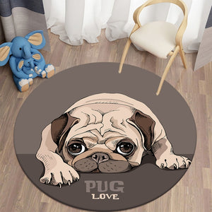 Cartoon Pug Love Round Carpets for Children's Room Living Room Rugs Puppy Soft Flannel Floor Area Rug