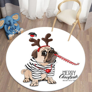 Cartoon Stripes Tshirt Pug Round Carpets for Children's Room Living Room Rugs Puppy Soft Flannel Floor Area Rug