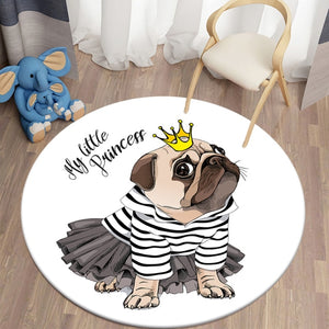 Cartoon My Little Princess Pug Round Carpets for Children's Room Living Room Rugs Puppy Soft Flannel Floor Area Rug