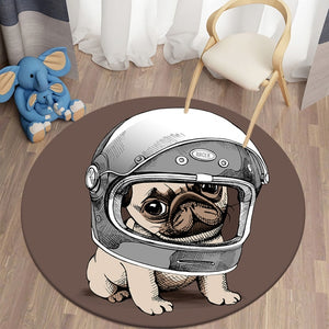 Cartoon Helmet Pug Round Carpets for Children's Room Living Room Rugs Puppy Soft Flannel Floor Area Rug