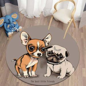 Cartoon Chihuahua & Pug Round Carpets for Children's Room Living Room Rugs Puppy Soft Flannel Floor Area Rug