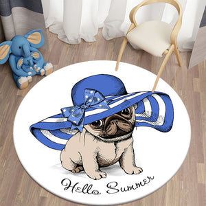 Cartoon Pug Wearing Floppy Hat Round Carpets for Children's Room Living Room Rugs Puppy Soft Flannel Floor Area Rug