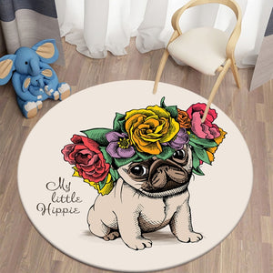 Cartoon Floral Pug Round Carpets for Children's Room Living Room Rugs Puppy Soft Flannel Floor Area Rug