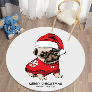 Cartoon Xmas Pug Round Carpets for Children's Room Living Room Rugs Puppy Soft Flannel Floor Area Rug