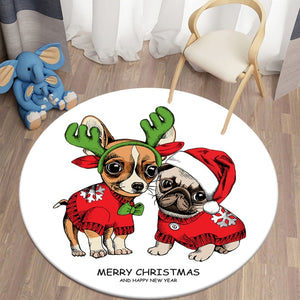 Cartoon Xmas Chihuahua & Pug Round Carpets for Children's Room Living Room Rugs Puppy Soft Flannel Floor Area Rug