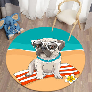 Cartoon Beach Pug Round Carpets for Children's Room Living Room Rugs Puppy Soft Flannel Floor Area Rug