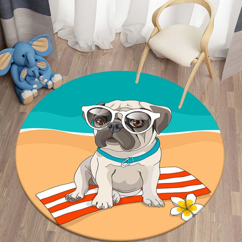Image of Cartoon Beach Pug Round Carpets for Children's Room Living Room Rugs Puppy Soft Flannel Floor Area Rug