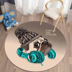 Cartoon Cozy Pug Round Carpets for Children's Room Living Room Rugs Puppy Soft Flannel Floor Area Rug