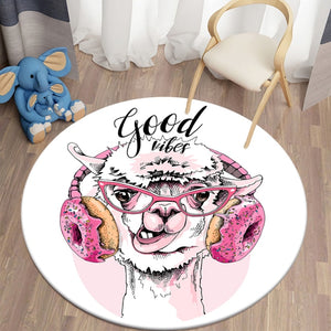 Cartoon Music Sheep - Good Vibes Themed Round Carpet for Living Room