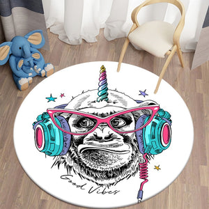 Cartoon Music Gibbon -Good Vibes Themed Round Carpet for Living Room