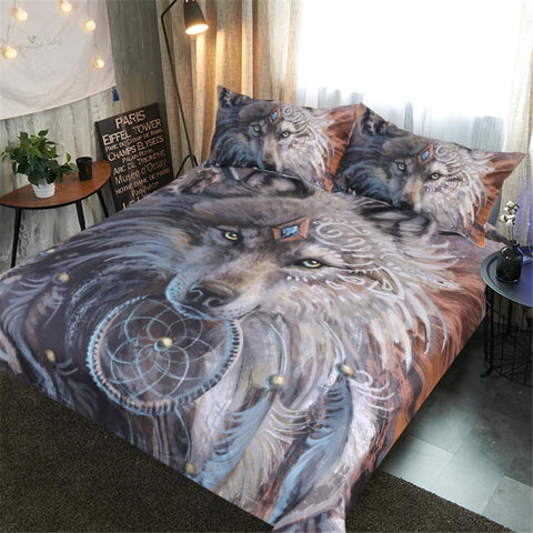 Image of Indian Wolf With Feather Dreamcatcher Comforter Set - Beddingify