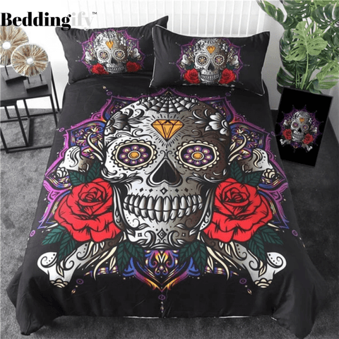 Image of Red Rose Skull Comforter Set - Beddingify