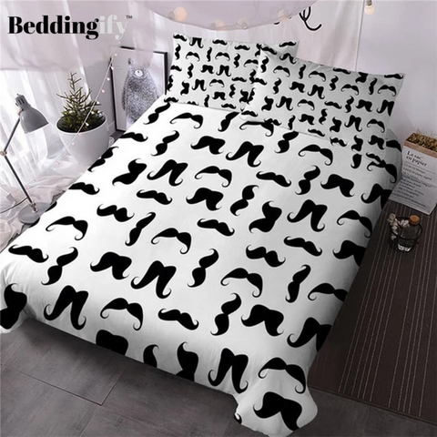 Image of Mustaches Black and White Hipster Comforter Set - Beddingify