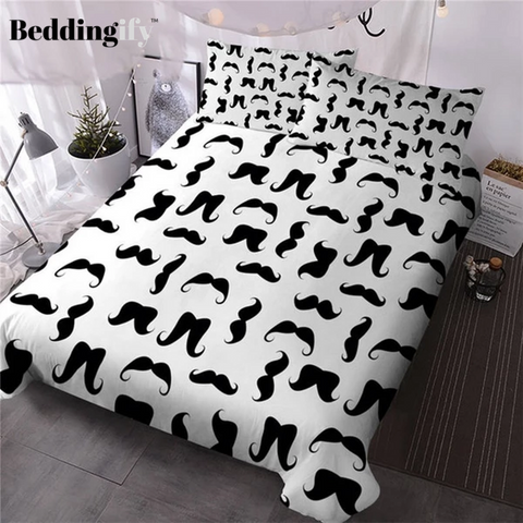 Image of Mustaches Black and White Hipster Bedding Set - Beddingify