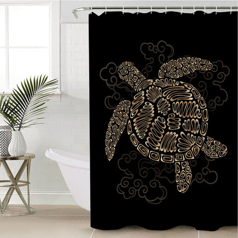 Image of Golden Lines Turtle Black Shower Curtain