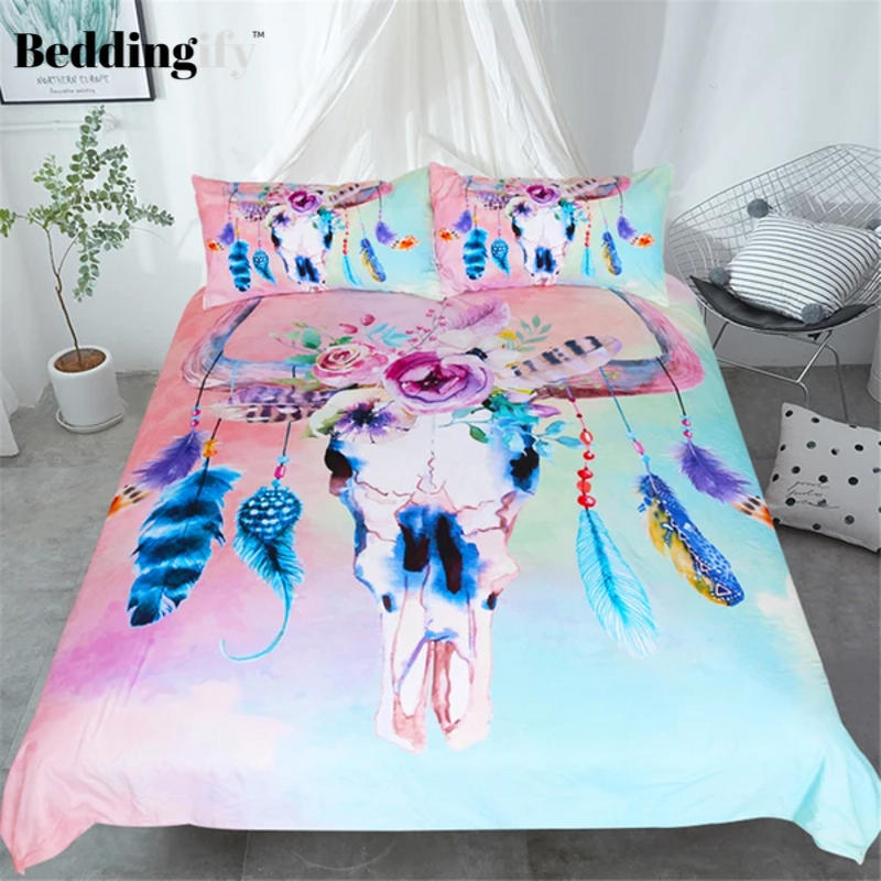 Watercolor Skull Feathers Bedding Set - Beddingify