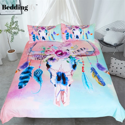 Image of Watercolor Skull Feathers Comforter Set - Beddingify