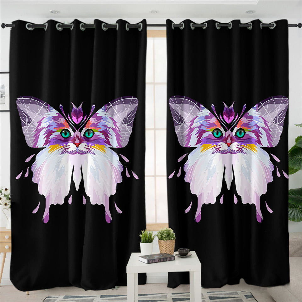 Cat Morph Butterfly Dark 2 Panel Curtains