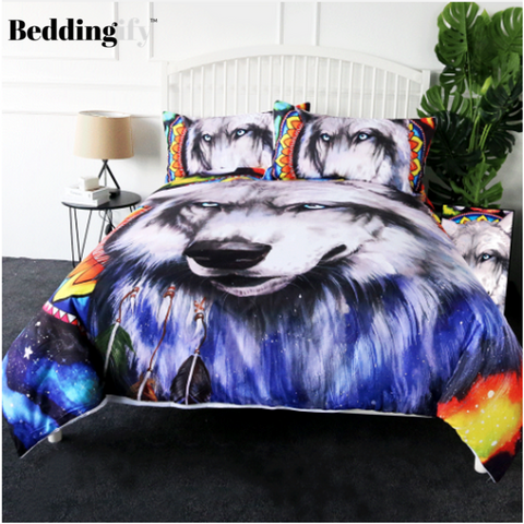 Image of Wolf Galaxy by Pixie Cold Art Comforter Set - Beddingify