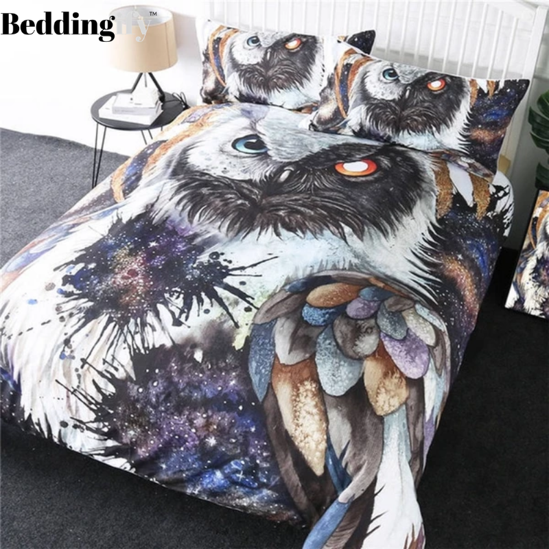 Blue Red Eyes Owl Bedding Set - Beddingify
